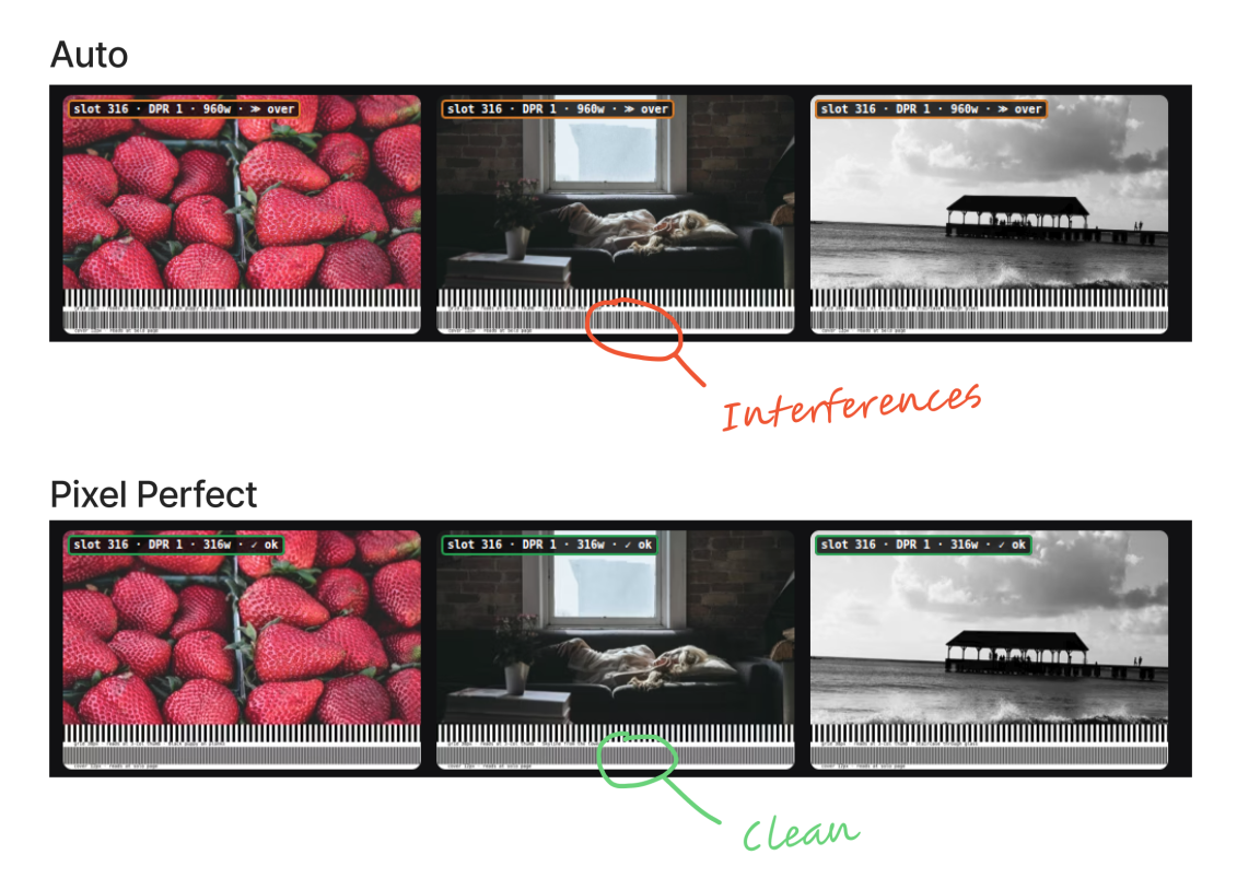 /optimg/auto vs /optimg/pixel-perfect — same grid image at the same viewport, moiré bands visible on auto, sharp bars on pixel-perfect